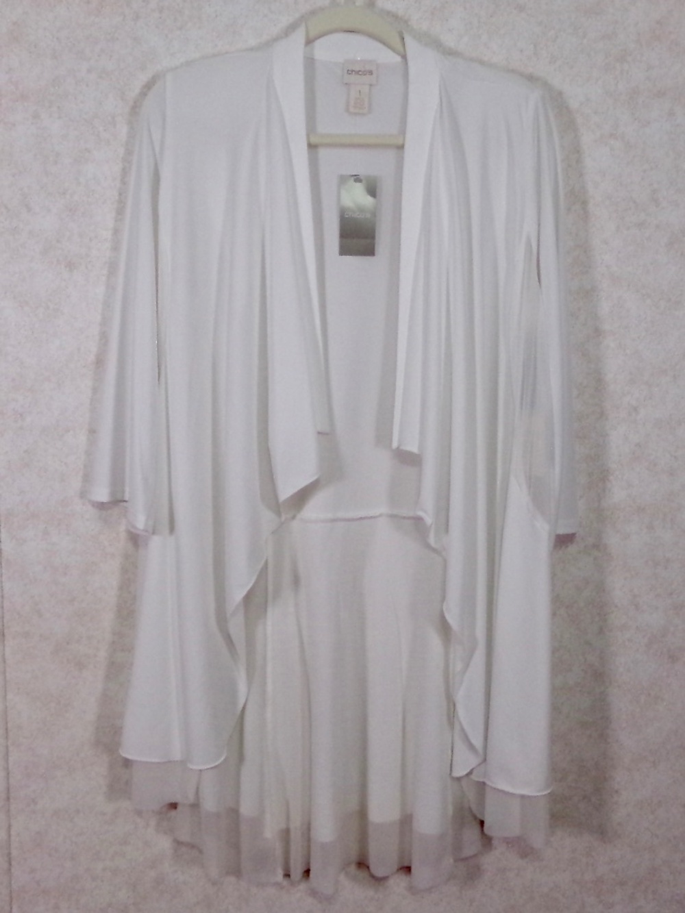 NWT Chico’s Ruffled/Layered Drape Over Jacket Antique White Crinkle Mesh Sz 1